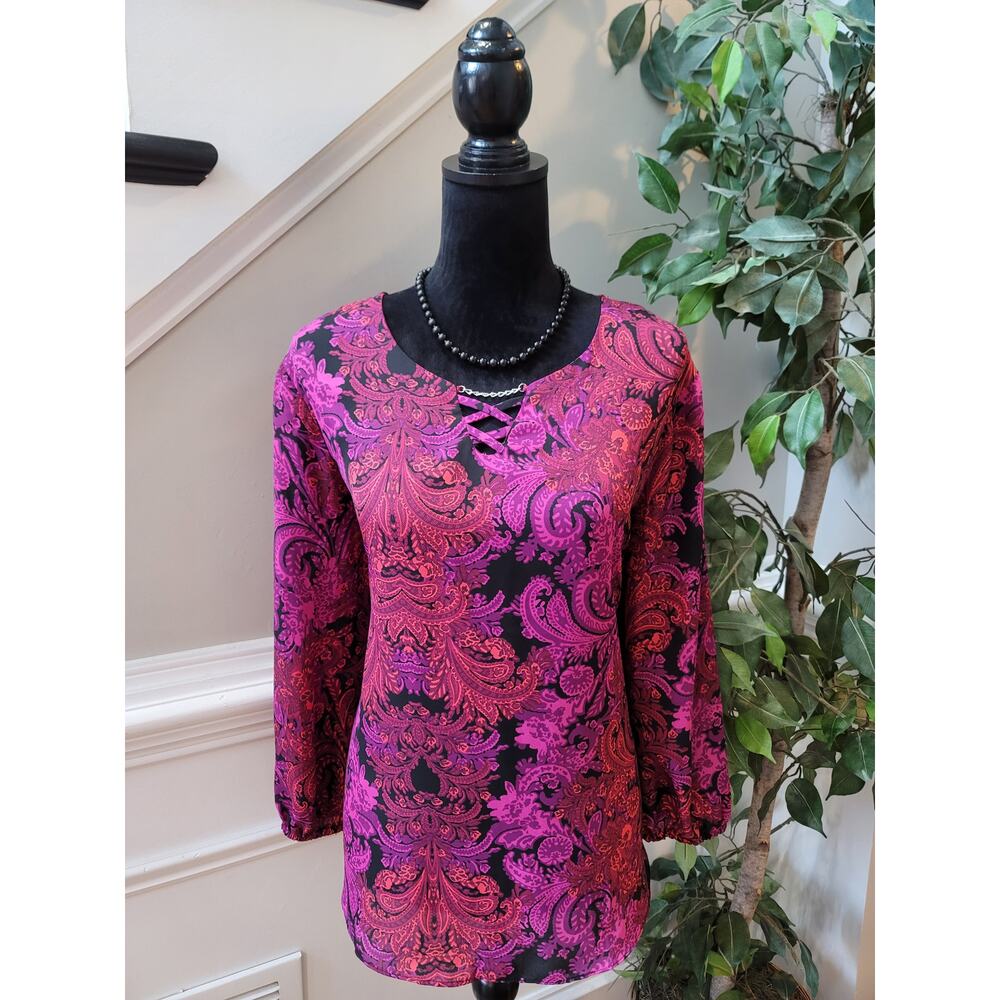 Est 1846 Blouse XL Multi Paisley Criss Cross Split Drop Shoulder Curved Pullover
